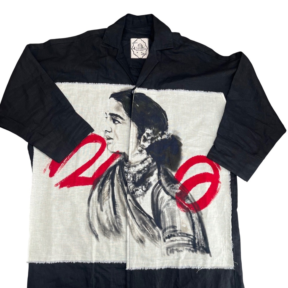 House of Urmi women's shirt dress OS Black Portrait Patch Art Malabar - Picture 3 of 8